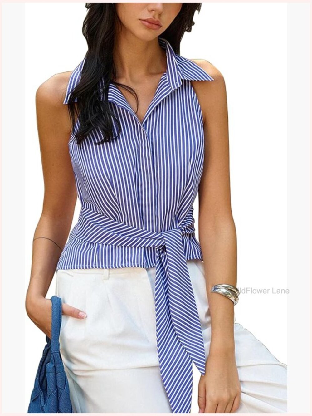 Striped Tie-Waist Crop Top Button Down Sleeveless Blouse